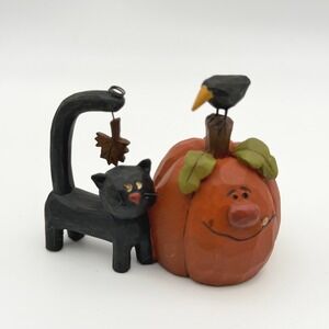 RARE Blossom Bucket Halloween Pumpkin Black Cat Crow Figurine Barbara Lloyd 2008